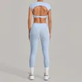 Light blue two-piece yoga set with cutout back top and high waist leggings - Sky Blue