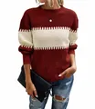 Casual crew neck color-block striped sweater with long lantern sleeves for women - S / Tops / Red