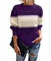 Close-up detail of a purple and white colorblock striped sweater featuring lantern sleeves - S / Tops / Purple