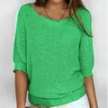 Close-up of vibrant green knitted top with three-quarter sleeves and texture - 3XL / Tops / Fluorescent Green