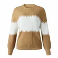 Detailed view of the color-block khaki and white knitted sweater with lantern sleeves - S / Tops / Khaki