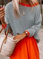 Stylish striped knit sweater with vibrant orange trim and dropped shoulder design detail. - S / Tops / Gray