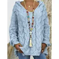 Chic women's light blue cable-knit hooded sweater featuring a V-neck and loose casual fit - Sky Blue