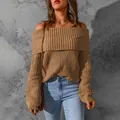 Elegant khaki off-the-shoulder chunky knitted sweater in a loose and casual style - S / Tops / Khaki