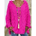 Women's fuchsia oversized V-neck hooded cable knit pullover sweater for casual wear - Rose Red