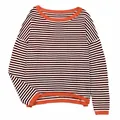 Close-up of the striped color-block knit sweater with orange ribbed hem and drop shoulder - S / Tops / Brown
