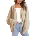 Women's casual oversized knit cardigan sweater with buttons in beige, cozy autumn fit. - 3XL / Tops / Khaki