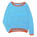 Close-up detail of the blue and white striped knit sweater with orange ribbed trim. - S / Tops / Sky Blue