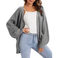 Detailed view of grey oversized knit cardigan featuring chunky texture and front buttons. - S / Tops / Gray