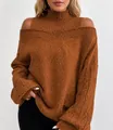 Close-up detail of a brown oversized cold-shoulder mock-neck cable-knit sweater for women - Camel