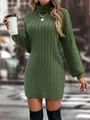 Detailed view of women's green turtleneck knit dress with textured lantern sleeves - S / Tops / Olive Green