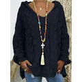 Loose navy blue cable knit hooded sweater with deep V-neck for chic autumn winter women - Black