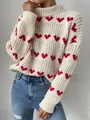 Primer plano de jersey de punto grueso con patrón de corazones para estilo otoño - S / Blanco Roto