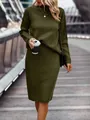 Close-up detail of dark olive green mock neck long sleeve knit sweater and skirt set - S / Top And Bottom / Army Green