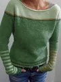 Detailed shot of a green color block knit sweater for women featuring striped sleeves - 3XL / Tops / Green