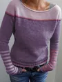 Close-up of stylish women's color-block knitted sweater with striped sleeve details - 3XL / Tops / Purple