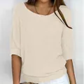 Detail showing texture of elegant cream round neck knit top with 3/4 sleeves - 3XL / Tops / Apricot