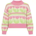 Cozy loose floral tulip jacquard knit sweater pullover for women in pink and green - S / Tops / Pink