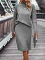 Professional view of a women's gray ribbed knit long sleeve sweater and midi skirt set - Light Gray