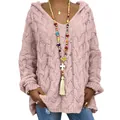 Pull à capuche rose uni pour femme en tricot torsadé avec col en V et manches longues - Rose