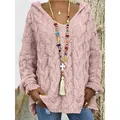 Loose-fitting pink cable-knit hooded sweater featuring a V-neck and long sleeves design - Pink