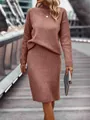 Professional model wearing a stylish dusty rose two-piece knit sweater and midi skirt set outdoors - Pink