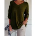 Olive green oversized knit sweater with V-neck and 3/4 sleeves, casual style detail - 4XL / Tops / Olive Green