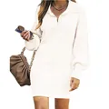 Elegant cream-white women's knit sweater dress featuring a lapel and lantern sleeves - Off White