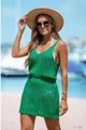 Model wearing a bright green sleeveless knit hollow-out beach cover-up dress on vacation - S / Bottoms / Green