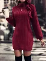 Detailed view of a cozy burgundy turtleneck knit sweater dress in an urban lifestyle setting - S / Tops / Wine Red
