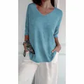Elegante blaue Strickjacke für Damen mit V-Ausschnitt und lässigen 3/4 Ärmeln - Seeblau