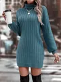 Detail of a teal turtleneck ribbed knit sweater dress featuring stylish lantern sleeves - Teal