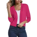 Elegant fuchsia cropped knit cardigan with 3/4 sleeves and open front design style - S / Tops / Rose Red