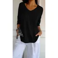 Detailed view of women's casual black V-neck knit sweater with 3/4 sleeves for spring - Black