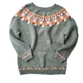 Close-up detail of women's round neck knit sweater with cute fox jacquard pattern in grey green - S / Tops / Fox (Animal Jacquard)