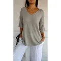 Casual grey V-neck knit sweater with 3/4 sleeves for women in a minimalist soft style - Light Gray