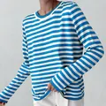 Detail view of blue and white striped round neck knit sweater for women - Lake Blue