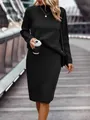 Detail view of a chic black two-piece knitted sweater and midi skirt set for women - S / Top And Bottom / Black