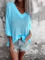 Close-up detail of light blue hollow-out knit sweater with V-neck design and loose fit style - 3XL / Tops / Lake Blue