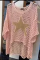 Close-up of pink crochet knit top featuring a large gold star pattern detail - S / Tops / Lotus Pink