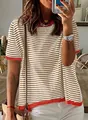 Detail shot of striped knit short sleeve top with red ribbed trim contrast. - S / Tops / Bronze