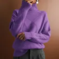 Detail view of purple turtleneck sweater with textured diamond knit pattern for women - Violet