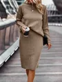 Full body view of taupe knit sweater and midi skirt set worn in an urban outdoor setting - Khaki