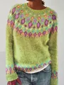 Close-up of vibrant green knit texture featuring intricate purple Fair Isle patterns - Yellow-Green Diamond Pattern