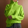 Women's cozy lime green turtleneck sweater featuring a bold oversized diamond knit pattern - Grass Green