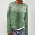 Detailed view of women's green round neck knit sweater featuring a white pattern - 3XL / Tops / Dark Green (8612)