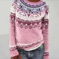Macro della trama in maglia Fair Isle rosa e bianca su questo maglione da donna ampio - 3XL / Stile Nordico Vintage (8608) / Rosa e Bianco