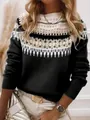 Vista dettagliata di un maglione da donna in maglia con girocollo e motivi etnici alla moda - 3XL / Top (8625) / Nero