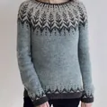Vista dettagliata del maglione lavorato a maglia nordico con motivi grigio blu e antracite. - 3XL / Top / Blu Grigio Patchwork Jacquard (8613)