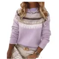 Maglione in maglia lilla con motivo jacquard sul petto e girocollo moda autunnale - 3XL / Top (8625) / Viola (8625)